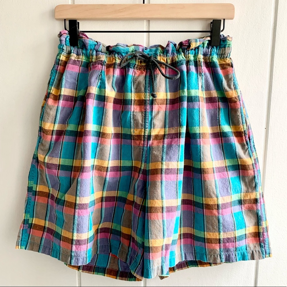 1990s Vintage Madras Plaid Paper Bag Style Shorts